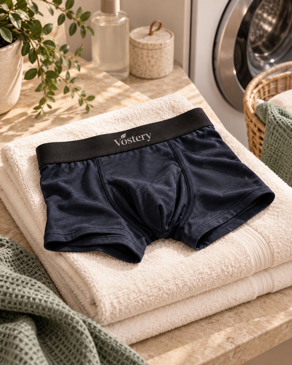 Boxer anti-fuites Vostery bleu marine plié sur des serviettes
