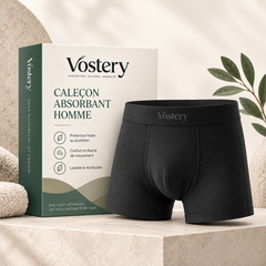 Boxer anti-fuites homme Vostery noir devant sa boîte, boxer absorbant lavable