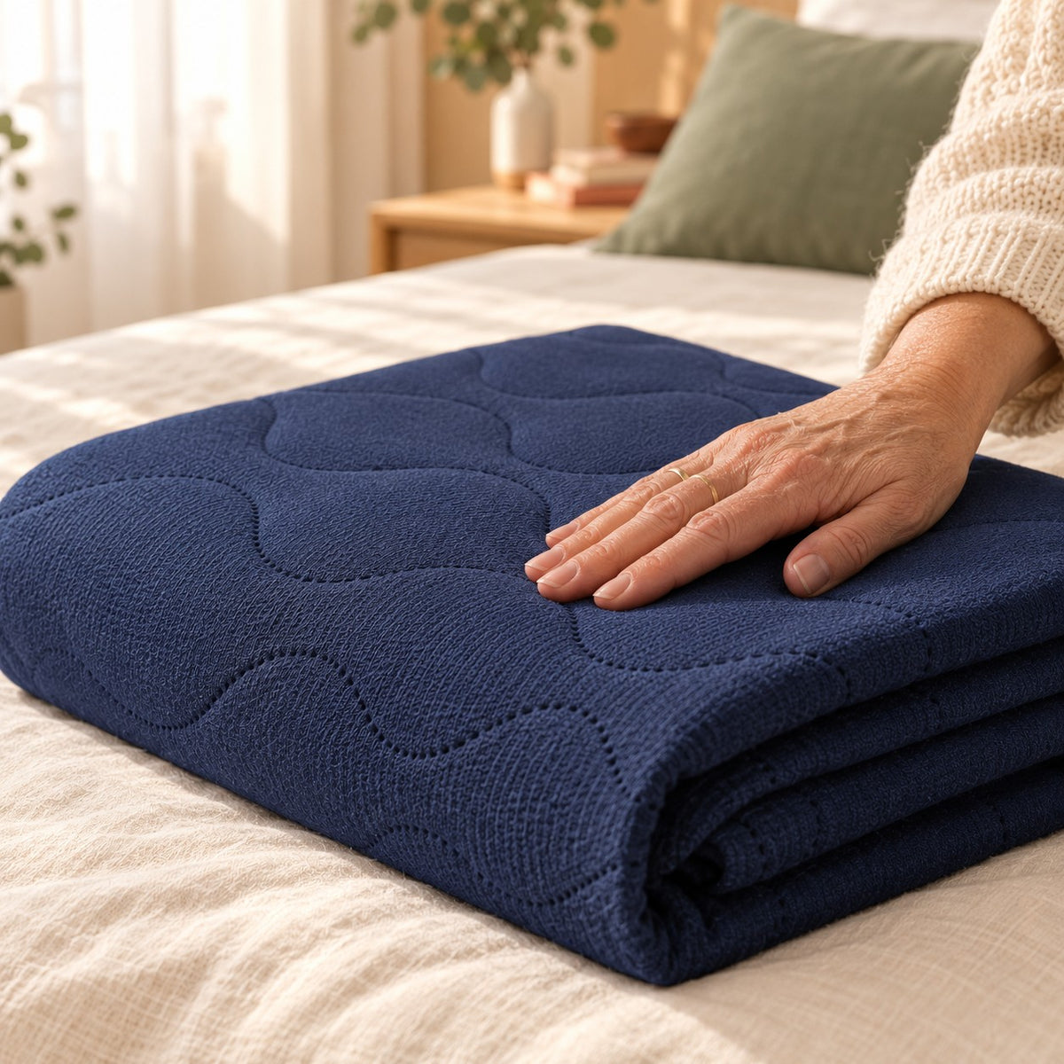 Gros plan sur la surface matelassée bleu marine du drap protège-matelas, la main d'une femme senior posée sur le tissu doux