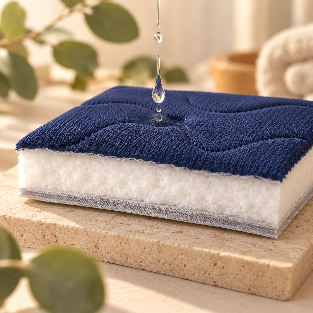 Coupe du drap protège-matelas montrant le cœur absorbant blanc sous la surface matelassée bleu marine