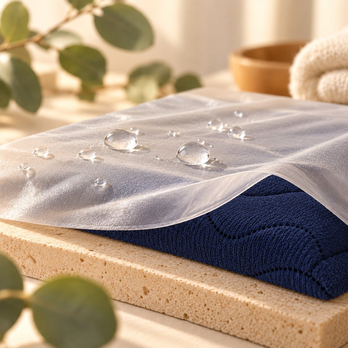 Membrane imperméable du drap : l'eau perle en gouttes sans traverser jusqu'au matelas