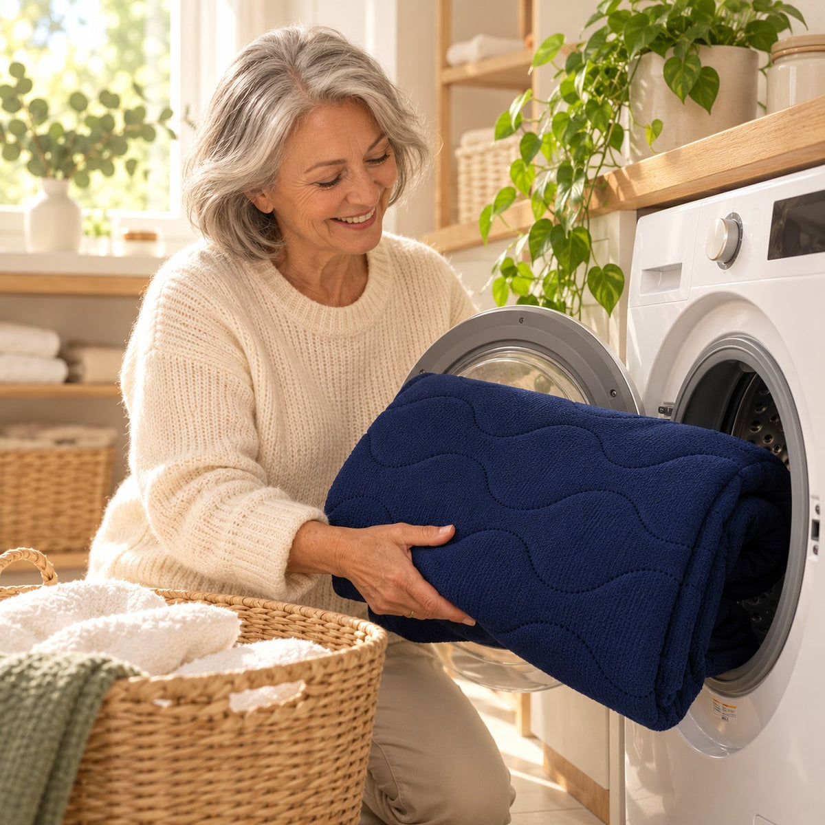 Une femme sort de la machine à laver le drap protège-matelas bleu marine, lavable en machine