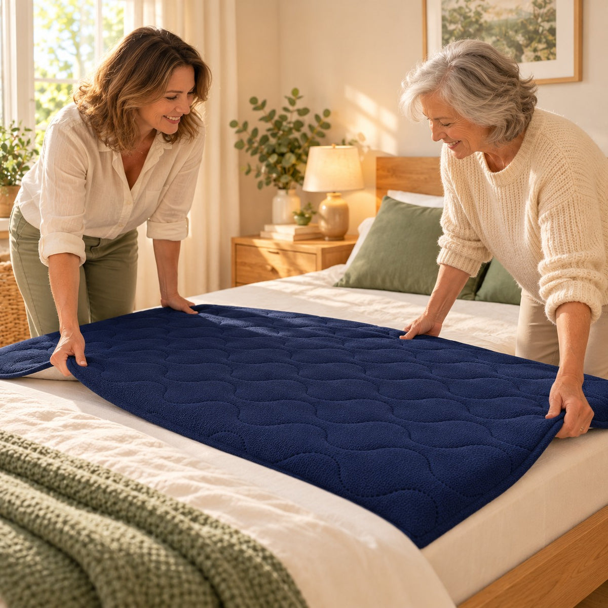 Une mère et sa fille installent ensemble le drap protège-matelas bleu marine sur le lit
