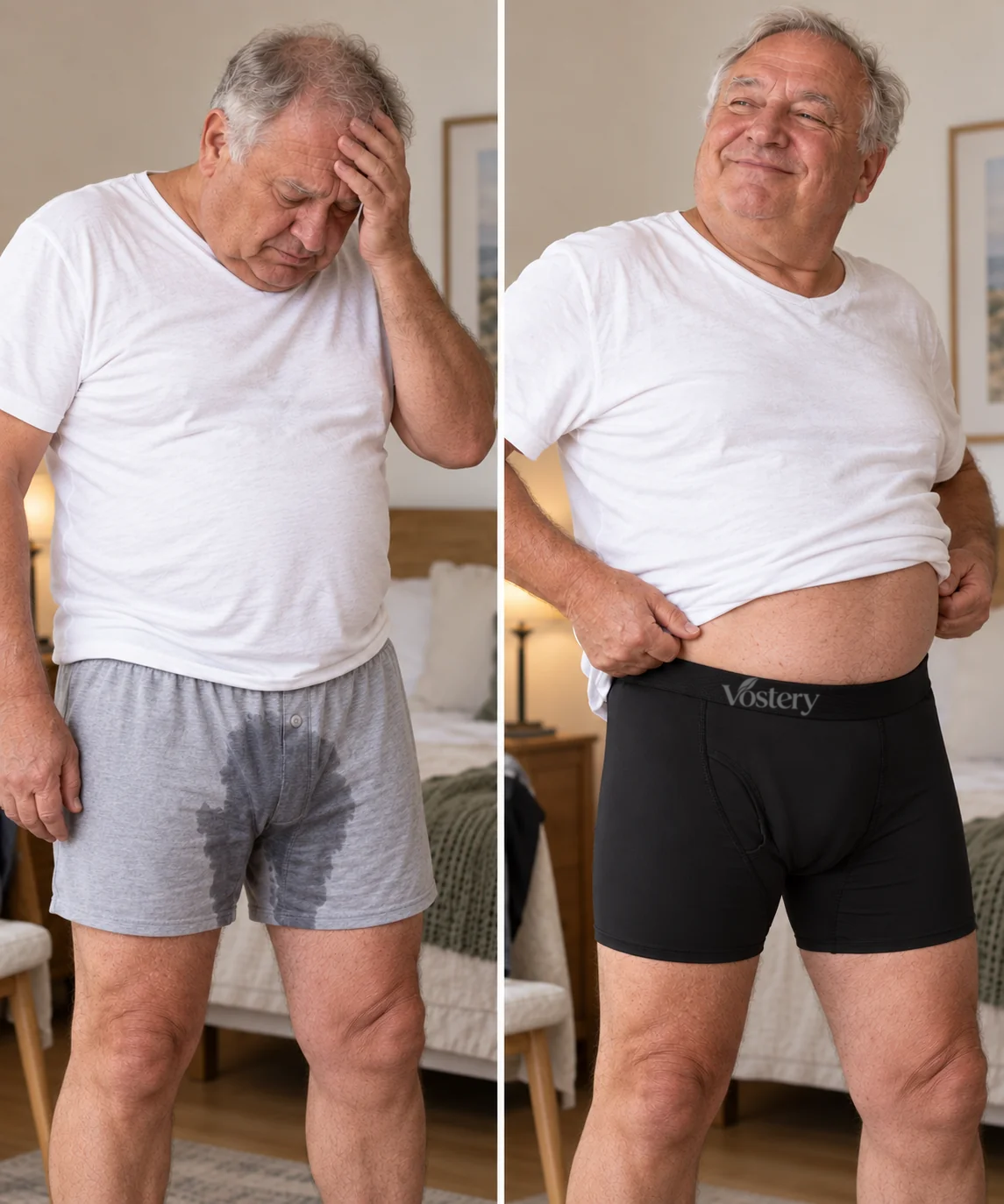 Avant / après : homme senior gêné par les fuites puis serein avec le boxer anti-fuites Vostery