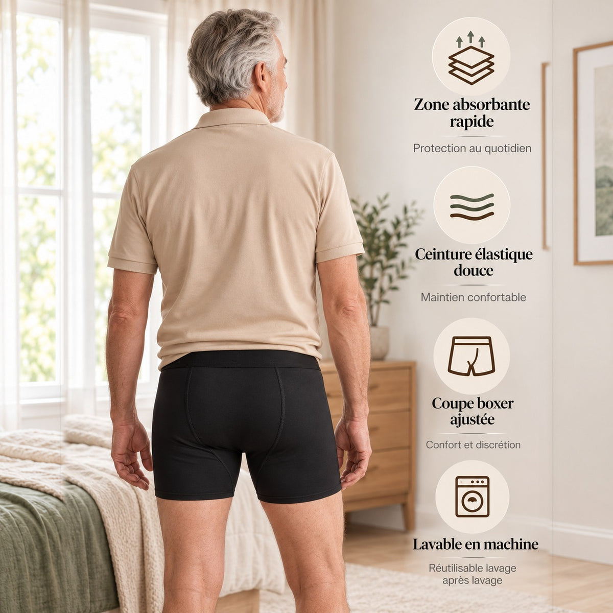Homme de dos portant le boxer anti-fuites Vostery : zone absorbante rapide, ceinture élastique douce, coupe boxer ajustée, lavable en machine