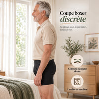 Homme de profil portant le boxer anti-fuites Vostery : coupe boxer discrète, ceinture élastique douce, lavable en machine