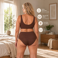 Culotte absorbante Vostery femme vue de dos : 100 % anti-fuite, absorbe 8x mieux, neutralise les odeurs, couvre parfaitement