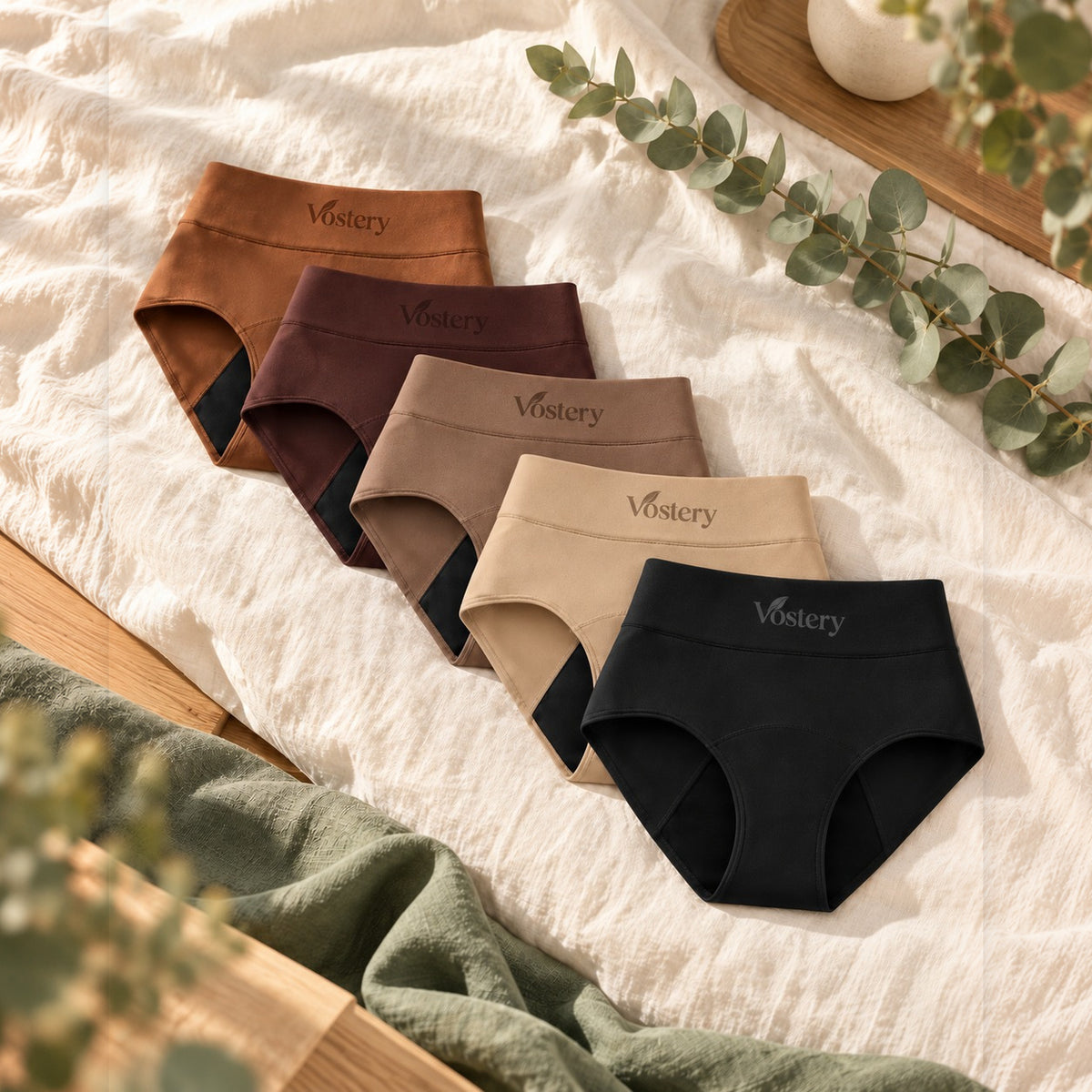 Les cinq coloris de la culotte absorbante Vostery posés sur du lin