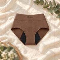 Culotte absorbante Vostery taupe taille haute avec fond absorbant noir, posée à plat