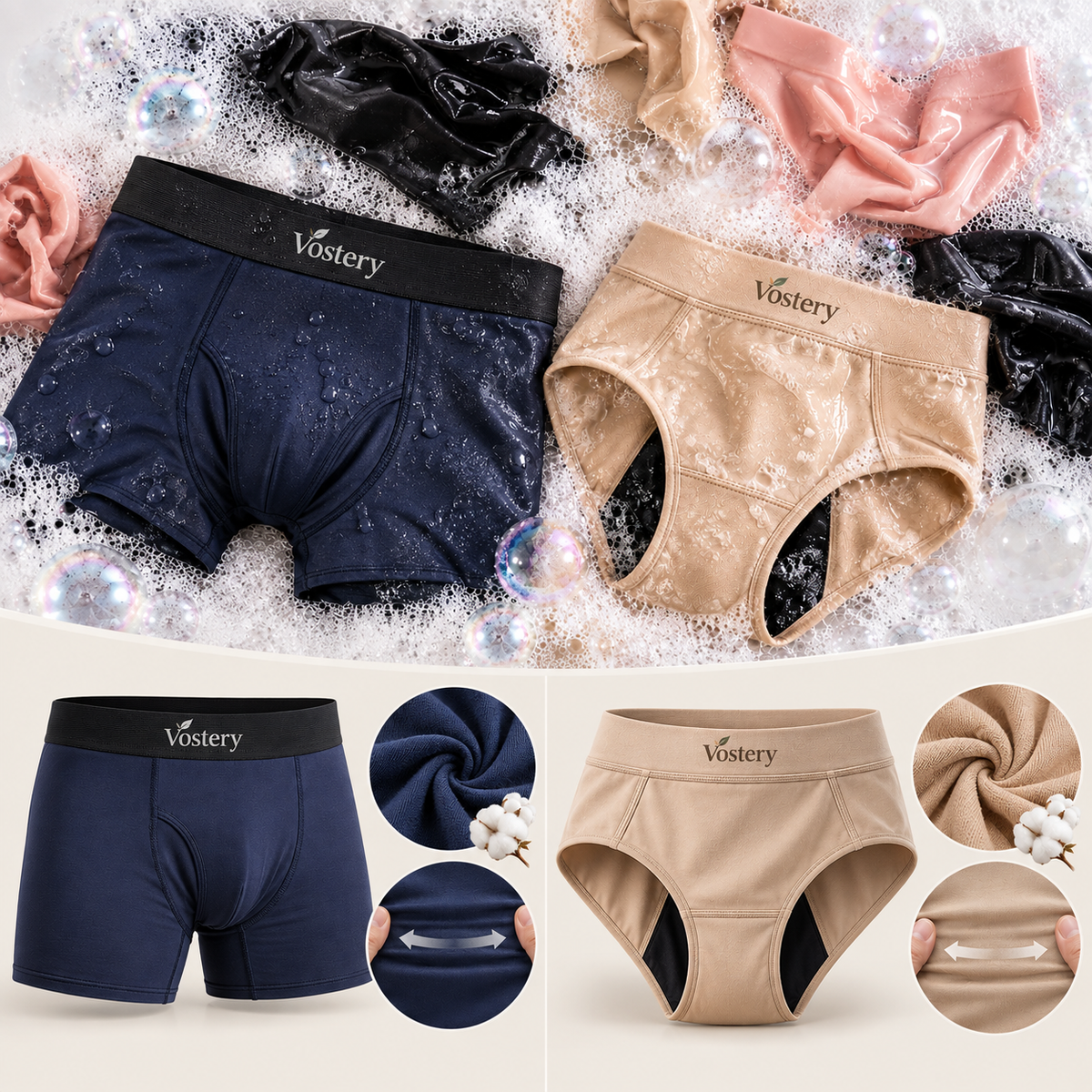 Boxers homme bleu marine et culottes femme beige anti-fuites Vostery