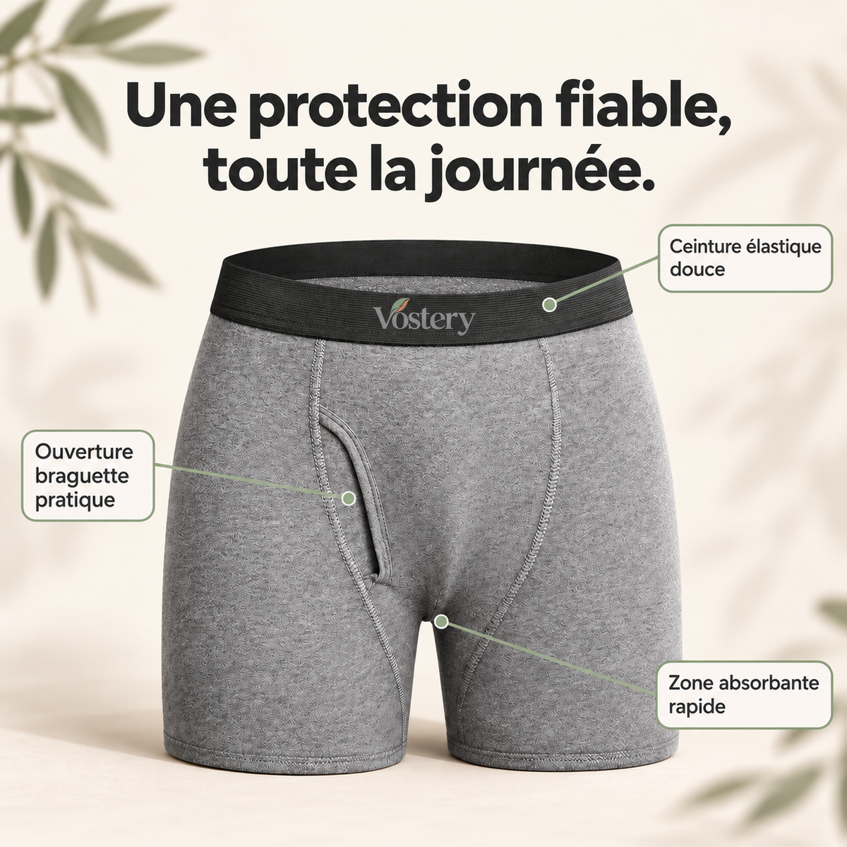 Boxer anti-fuites Vostery gris avec ceinture élastique noire et ouverture braguette, protection fiable toute la journée