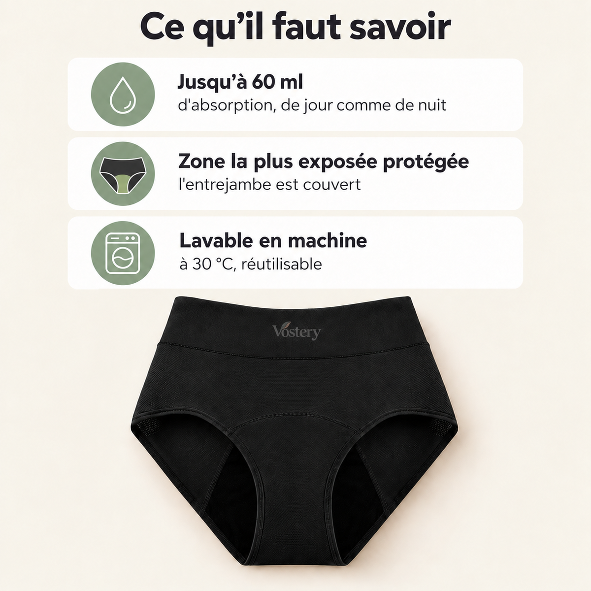 Culotte Vostery : jusqu'à 60 ml, zone la plus exposée protégée, lavable en machine à 30 °C
