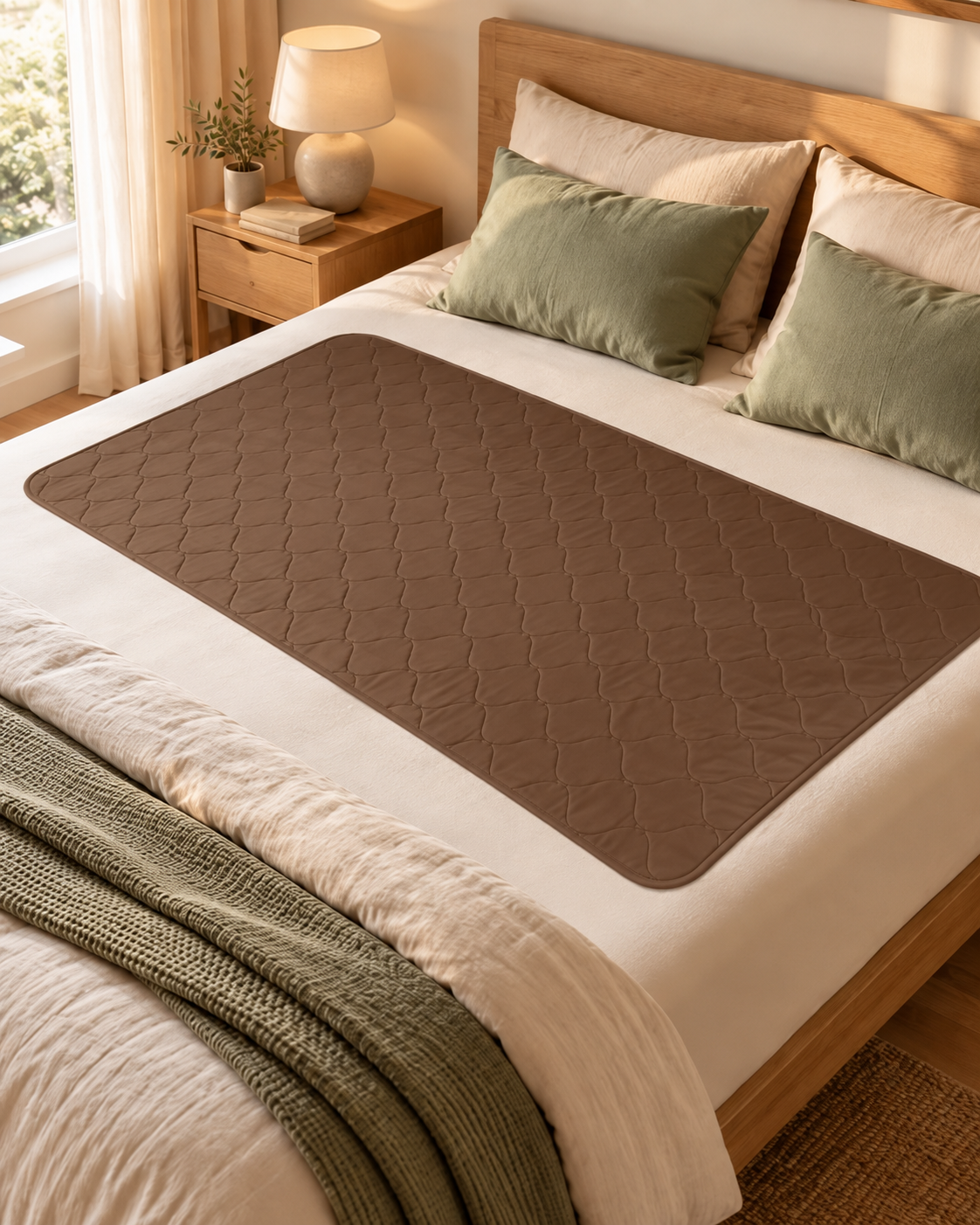 Drap protège-matelas imperméable café posé sur un lit en lin dans une chambre chaleureuse
