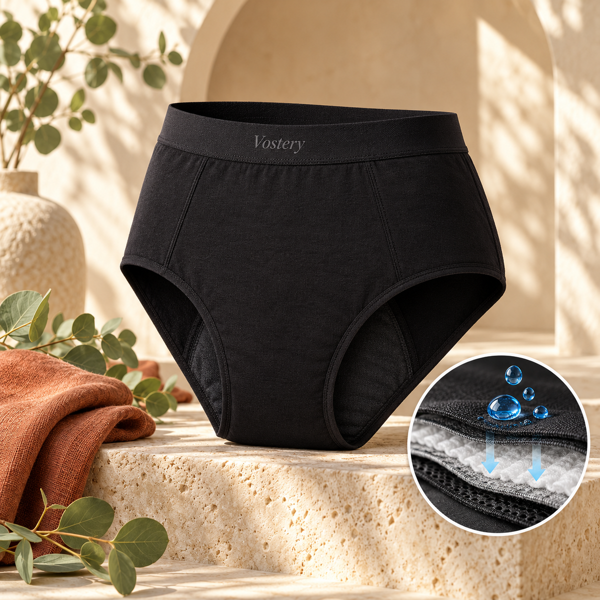 Culotte anti-fuites Vostery noire avec gros plan sur les couches absorbantes qui retiennent le liquide