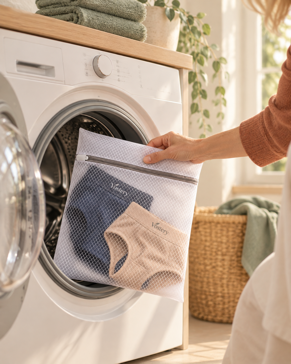 Filet de lavage Vostery avec deux culottes déposé dans le lave-linge