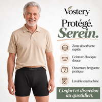 Homme senior de face portant le boxer anti-fuites Vostery noir : zone absorbante rapide, ceinture élastique douce, ouverture braguette, lavable en machine