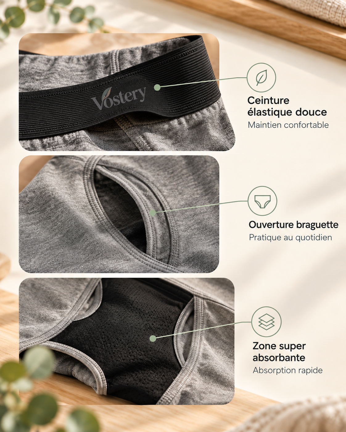 Détails du boxer anti-fuites homme : ceinture élastique douce, ouverture braguette, zone super absorbante