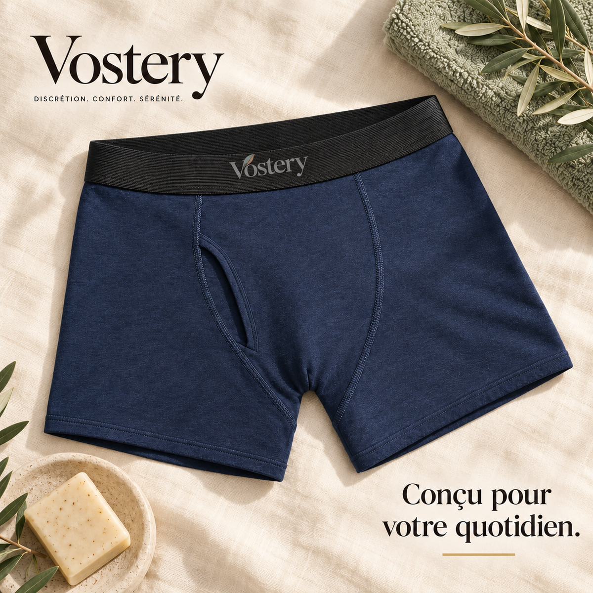 Boxer anti-fuites homme Vostery marine avec ceinture noire et ouverture braguette, posé sur du lin