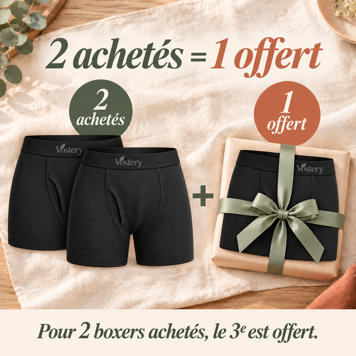 Offre boxer anti-fuites Vostery : 2 boxers achetés, le 3e offert