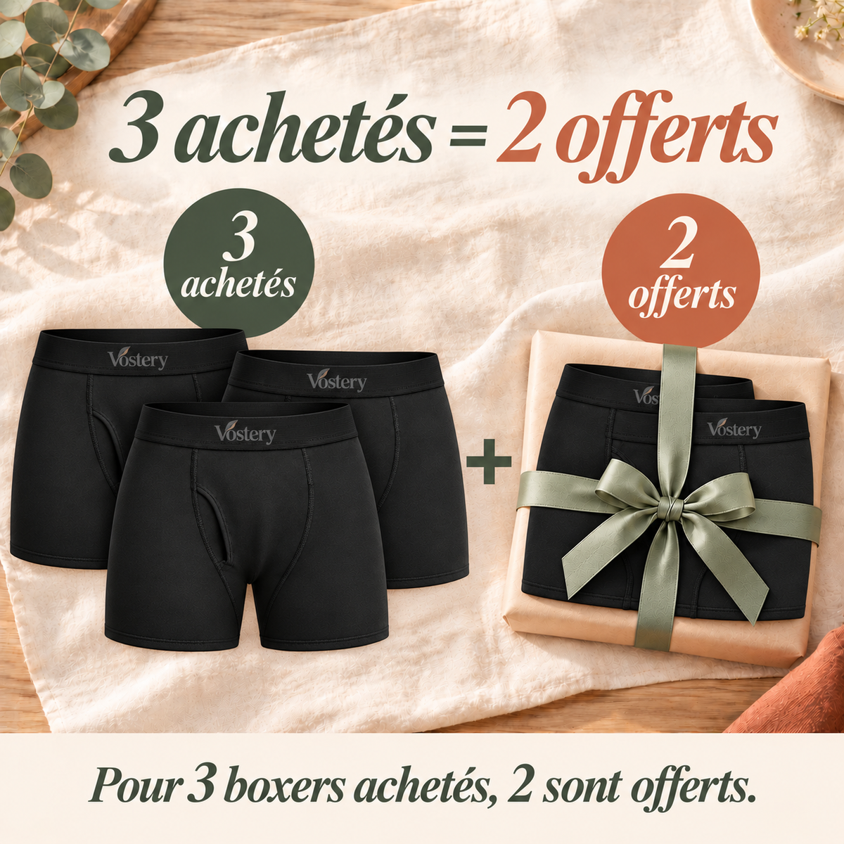 Offre boxer anti-fuites Vostery : 3 boxers achetés, 2 offerts