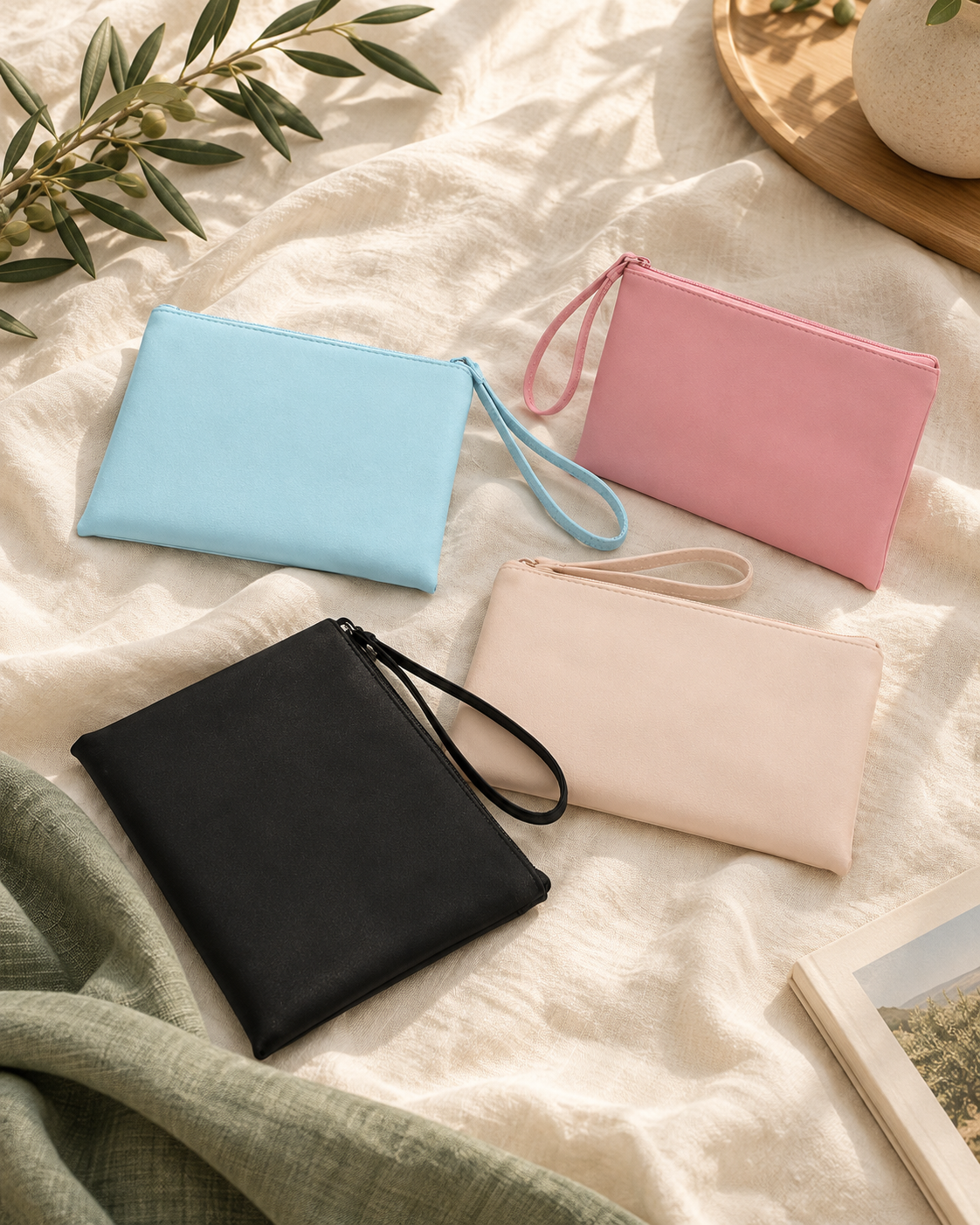 Pochettes imperméables Vostery en 4 coloris : bleu ciel, rose, noir et beige