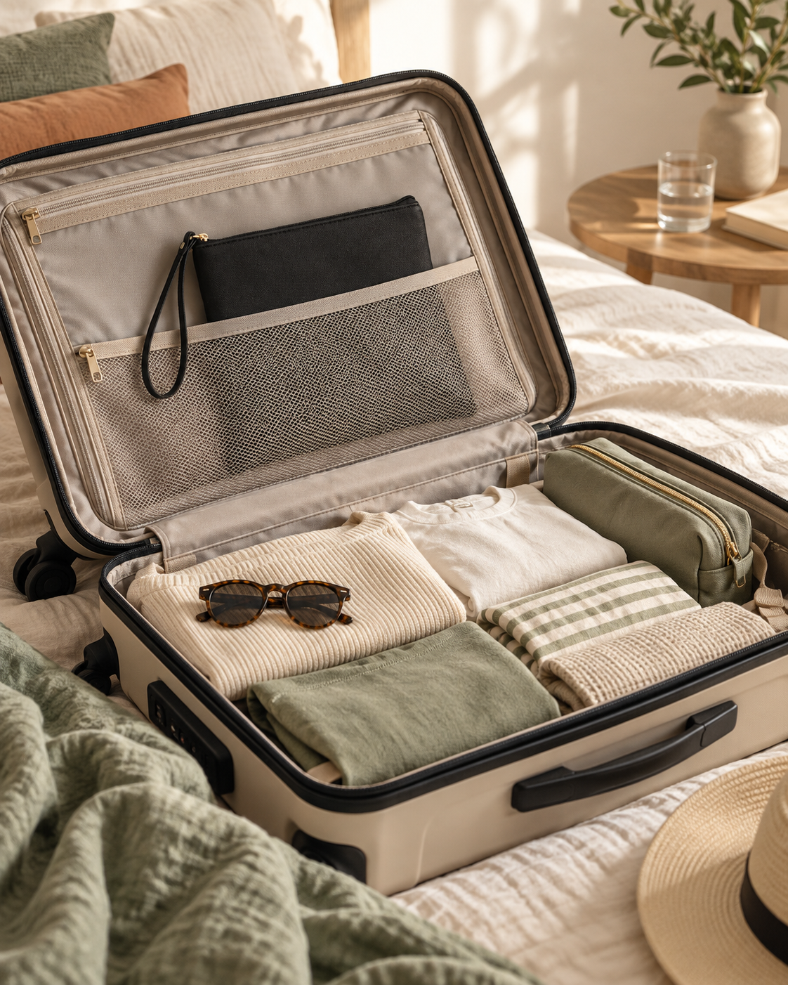 Pochette imperméable noire rangée dans une valise pour le voyage