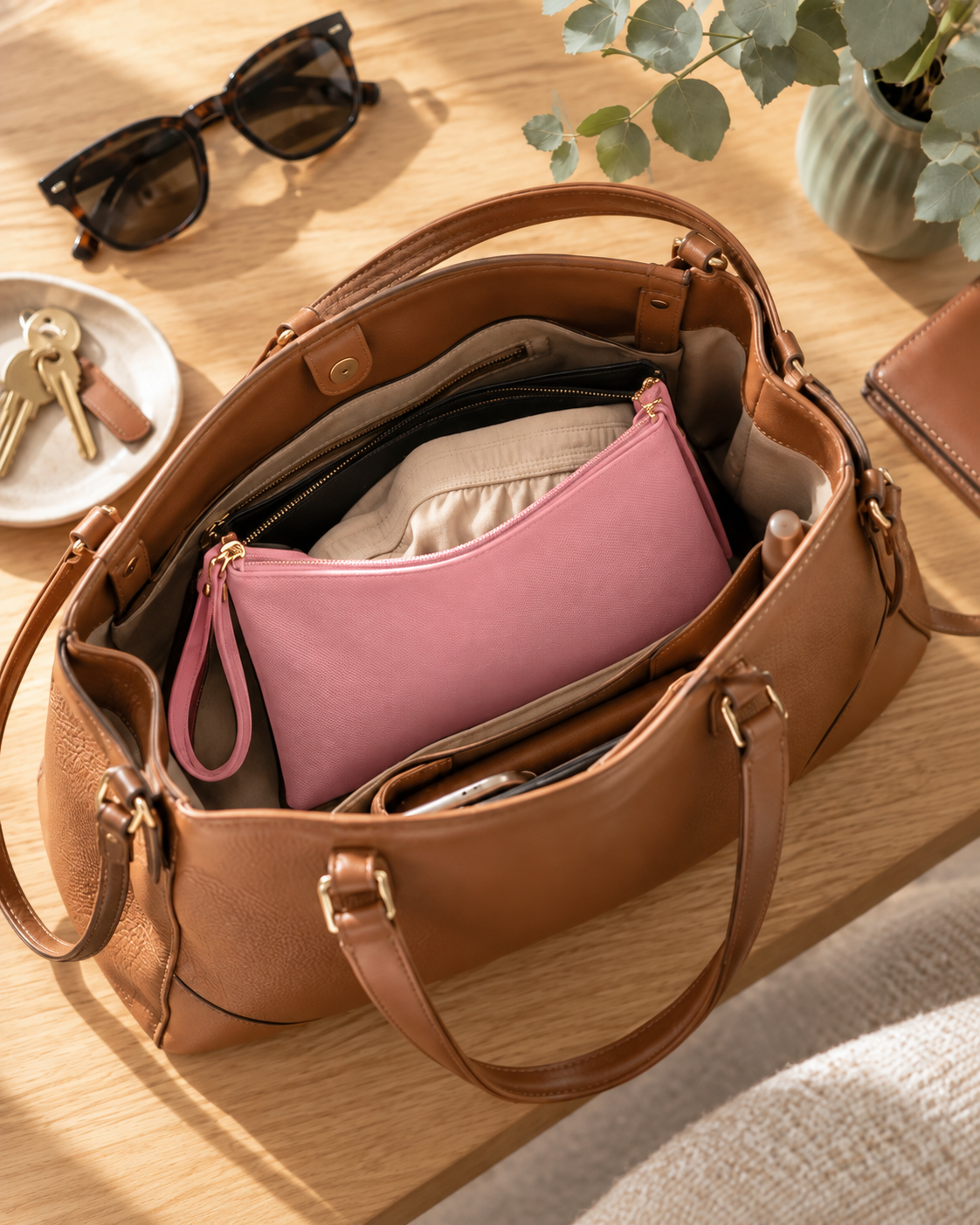 Pochette imperméable Vostery rose dans un sac à main, avec une culotte de rechange