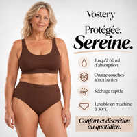 Culotte absorbante Vostery taille haute portée de face, logo Vostery sur la ceinture : jusqu'à 60 ml d'absorption, quatre couches absorbantes, séchage rapide, lavable en machine