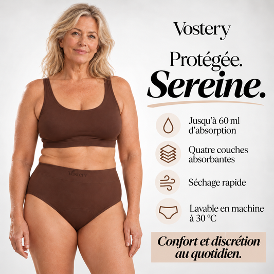 Culotte absorbante Vostery taille haute portée de face, logo Vostery sur la ceinture : jusqu'à 60 ml d'absorption, quatre couches absorbantes, séchage rapide, lavable en machine