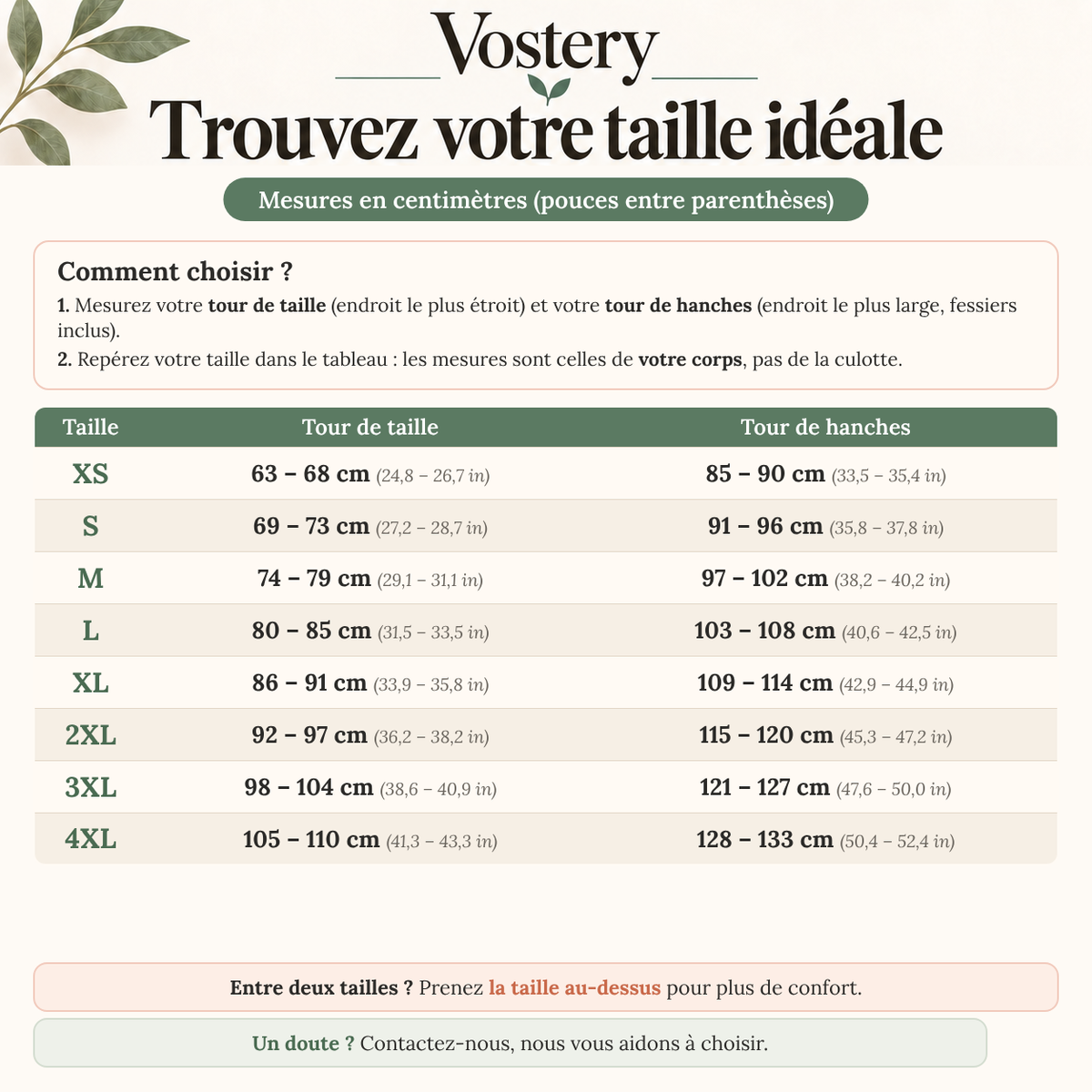 Guide des tailles de la culotte absorbante Vostery femme, XS à 4XL : tour de taille et tour de hanches en centimètres et pouces