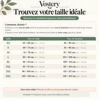 Guide des tailles de la culotte absorbante Vostery femme, XS à 4XL : tour de taille et tour de hanches en centimètres et pouces