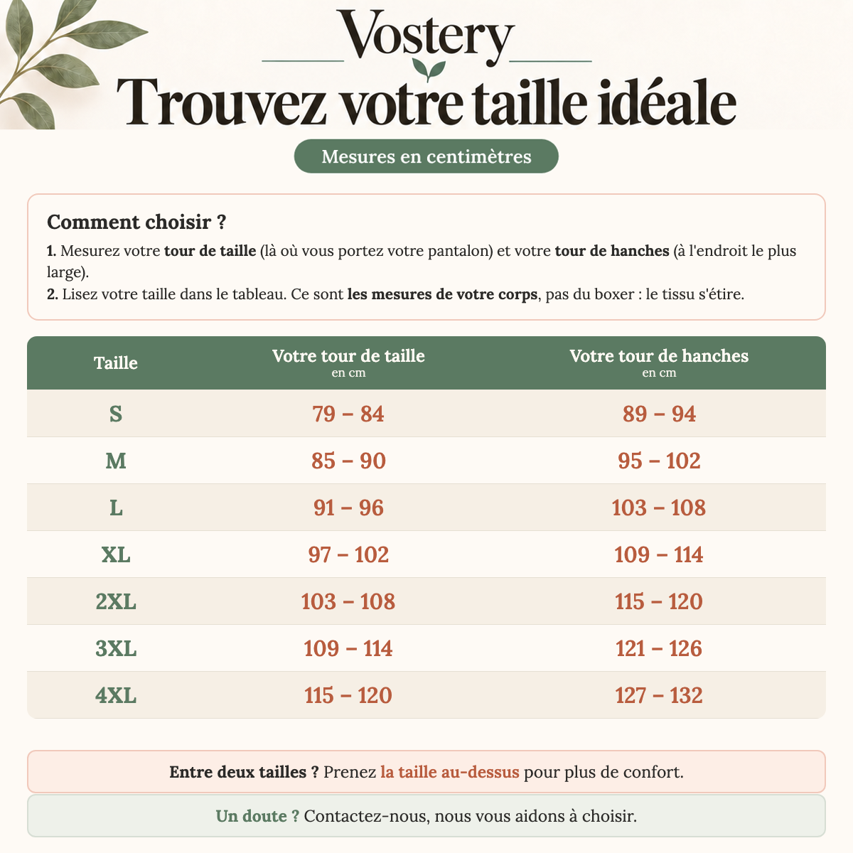 Guide des tailles du boxer anti-fuites Vostery homme, S à 4XL : tour de taille et tour de hanches en centimètres