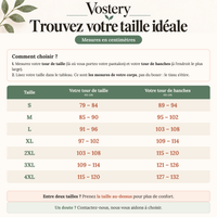 Guide des tailles du boxer anti-fuites Vostery homme, S à 4XL : tour de taille et tour de hanches en centimètres
